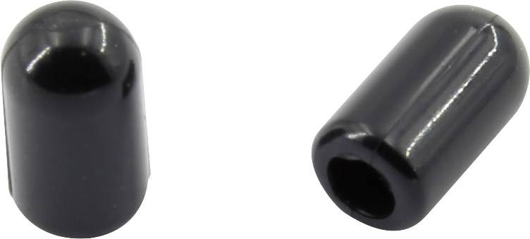 Two black, cylindrical plastic end caps for cable ends, lying side by side on a white background.