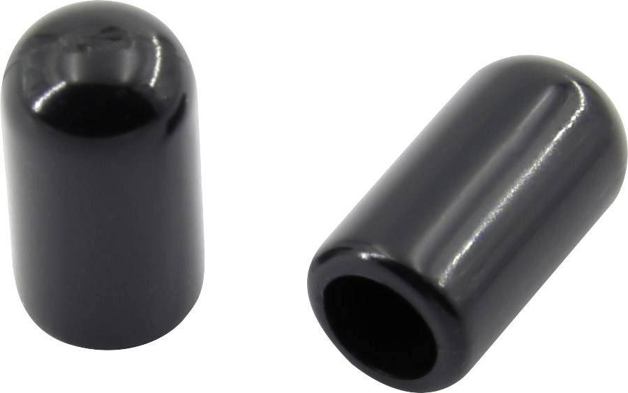 Two black plastic end caps, one standing upright, the other lying down. They serve to protect open pipes or rods.