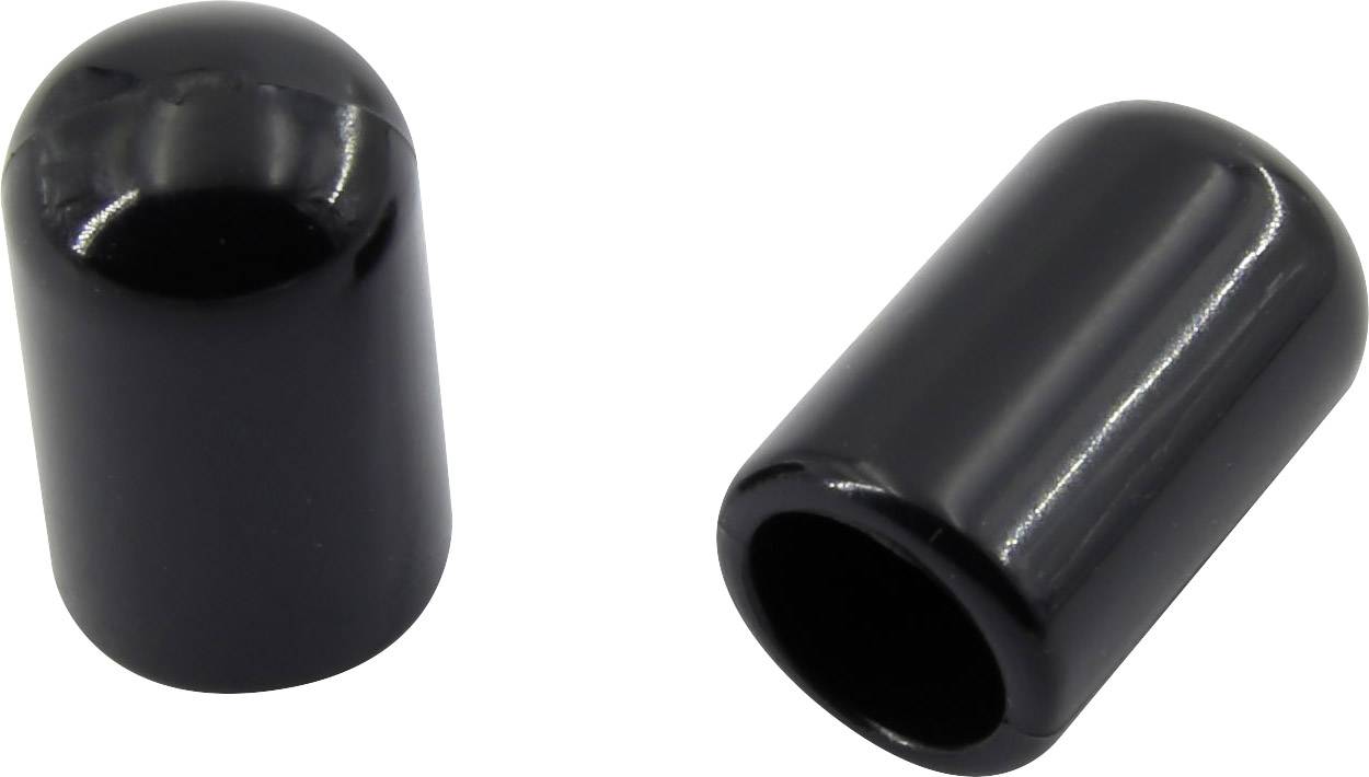 Two black, cylindrical plastic caps, one standing, one lying down. Suitable for covering or protecting pipes or rods.