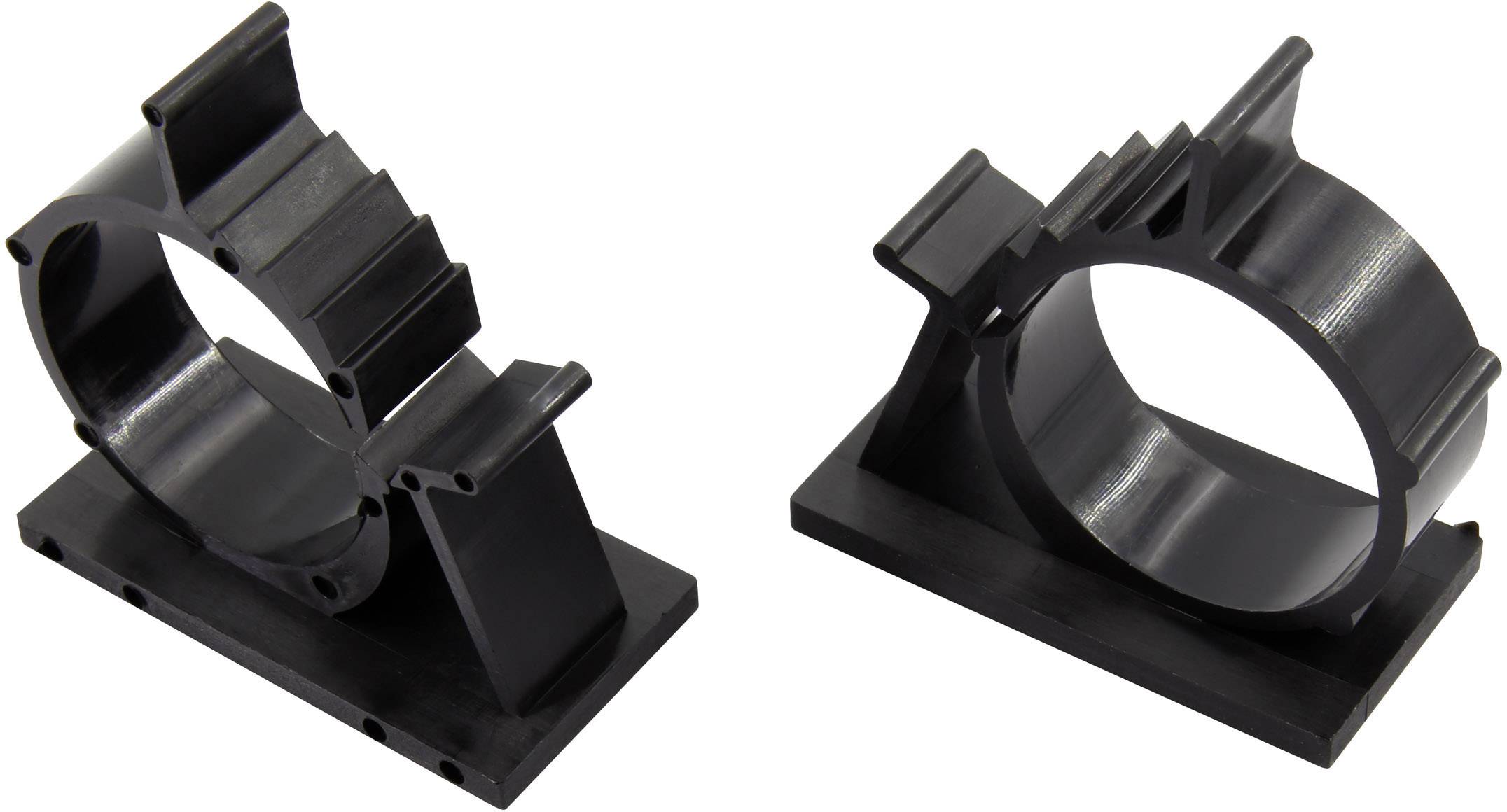 Two black plastic mounting brackets with a rectangular base, suitable for securing round objects.