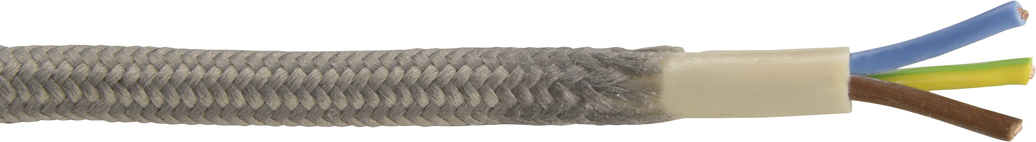 An electrical cable with three coloured cores (blue, yellow-green, brown) and a braided protective sheath, viewed from the side.