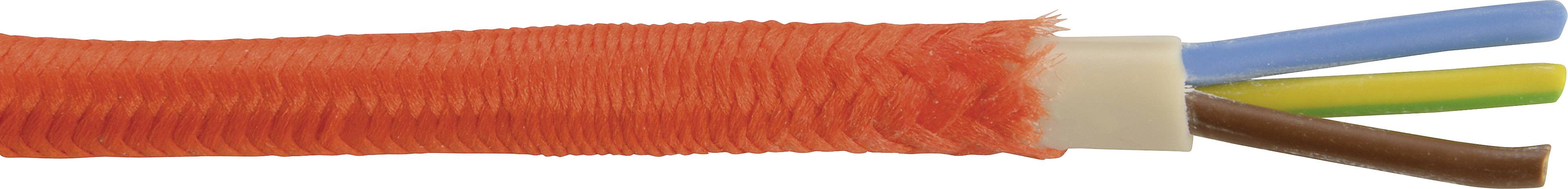 An orange braided electrical cable with three visible inner conductors in blue, brown and green-yellow.