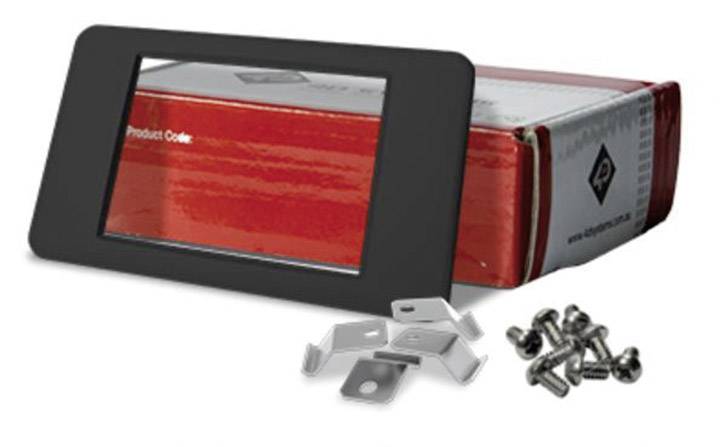 A rectangular red cardboard box with a black border and metal components on the top surface. Screws and clips are visible.