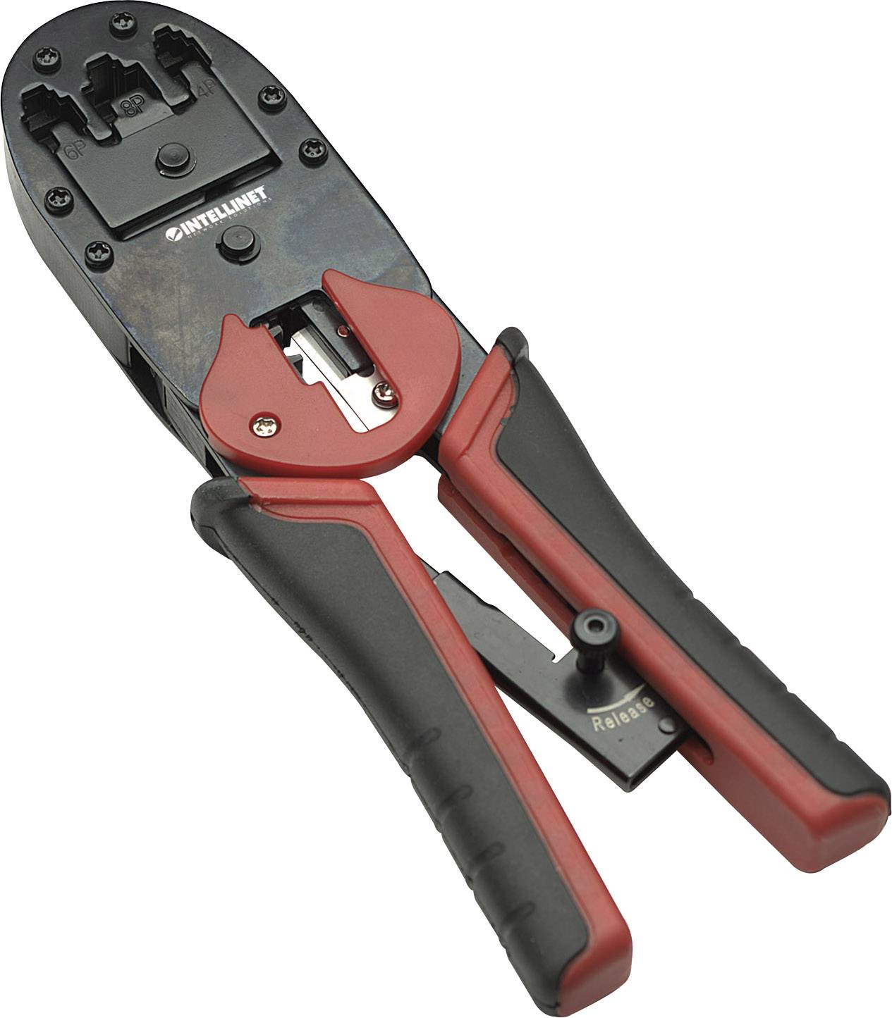 Crimping pliers with red and black handles, used for attaching connectors to cable ends.