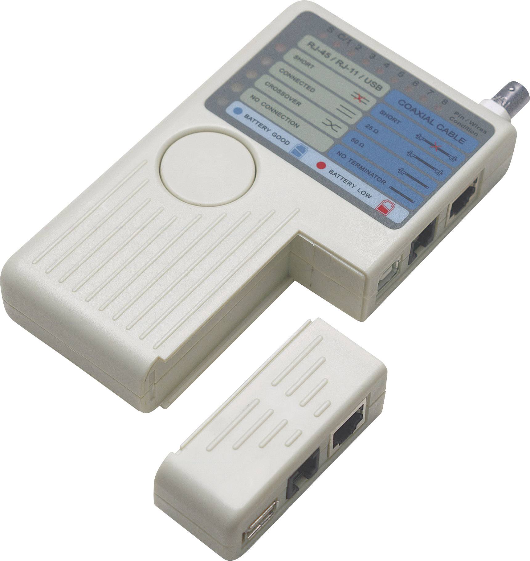 A digital cable testing device with a detachable unit. It displays test information such as cable type and connection status on a display.