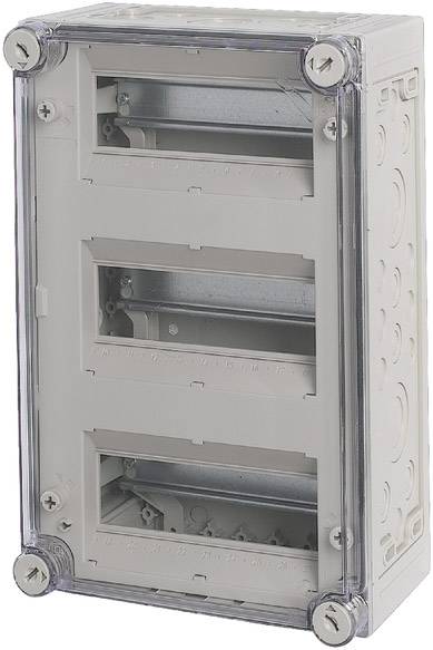 Electrical distribution board with a transparent cover, three empty rows for switching elements.