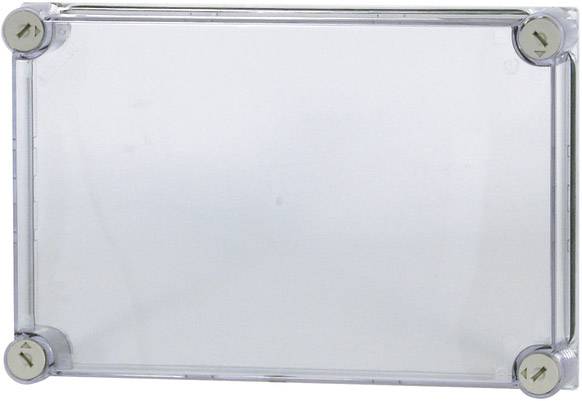 A transparent rectangular plastic lid with rounded corners, secured with screws in each corner, presumably for an electronic enclosure.