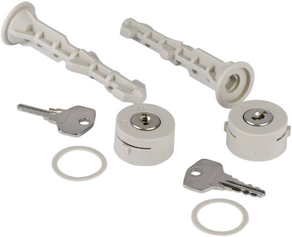 Two white furniture locks, each with two matching keys and mounting components, displayed on a white background.
