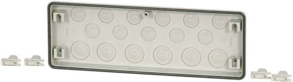 Rectangular number plate holder made of plastic with multiple mounting points. Includes additional mounting components on the side.