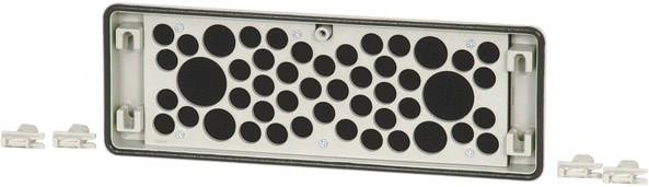 Rectangular ventilation cover with circular openings in various sizes. Beige frame, black cover.