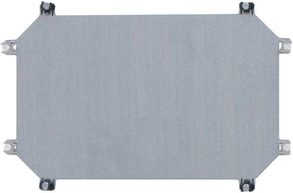 Metal plate with six corners, four screw fixings and two corner reinforcements. It has a matte, silver surface.