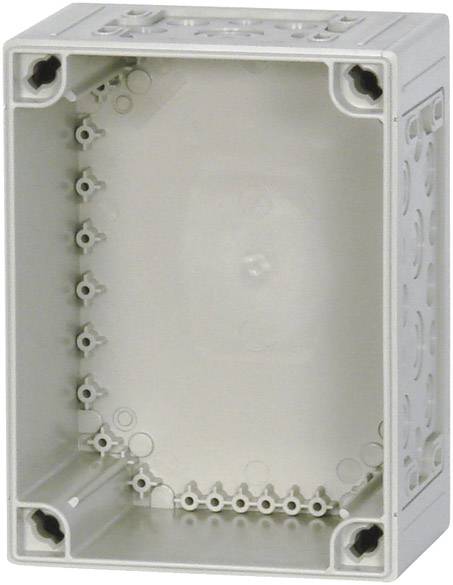 Grey, rectangular plastic enclosure with open sides and mounting holes, used for electrical installation in buildings.