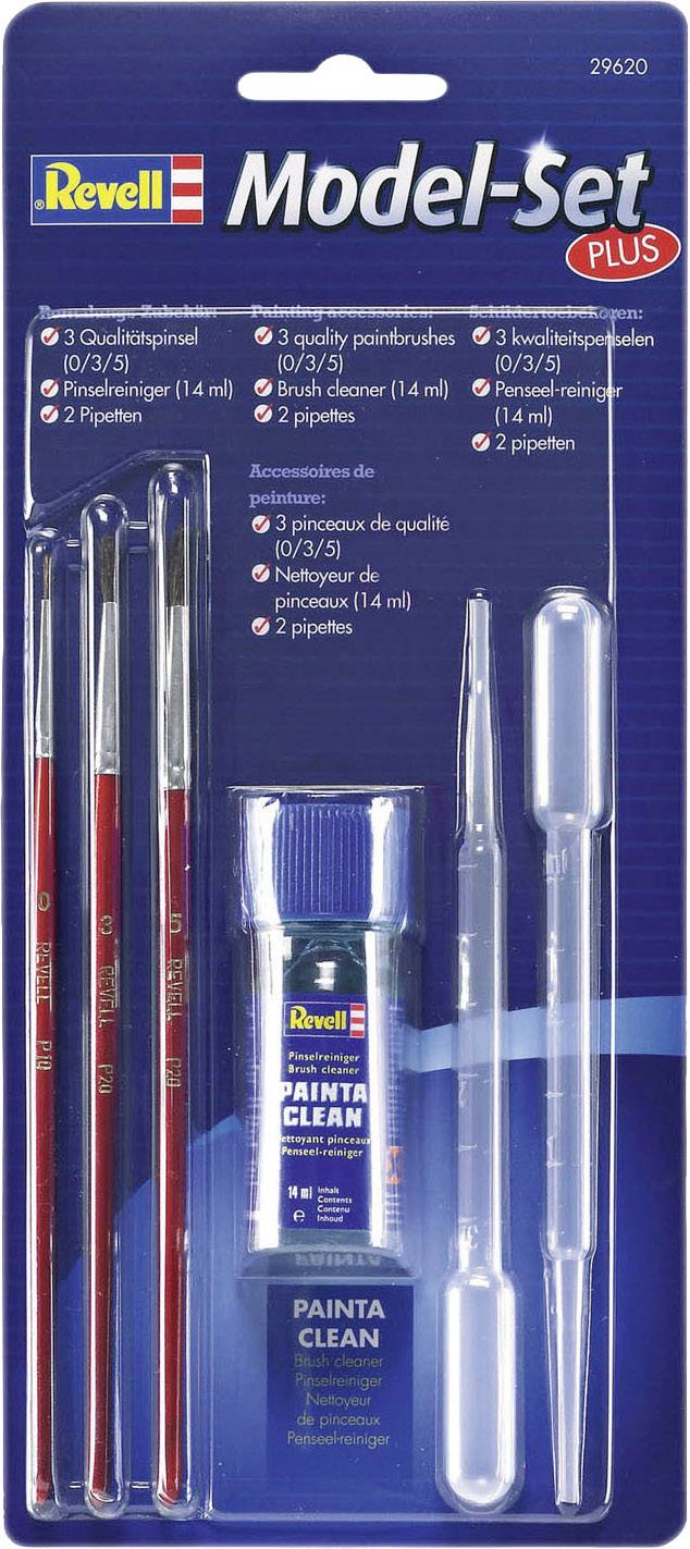 'Revell Model-Set Plus' contains three brushes, a bottle of brush cleaner (14 ml) and two pipettes, packaged on a blister card.