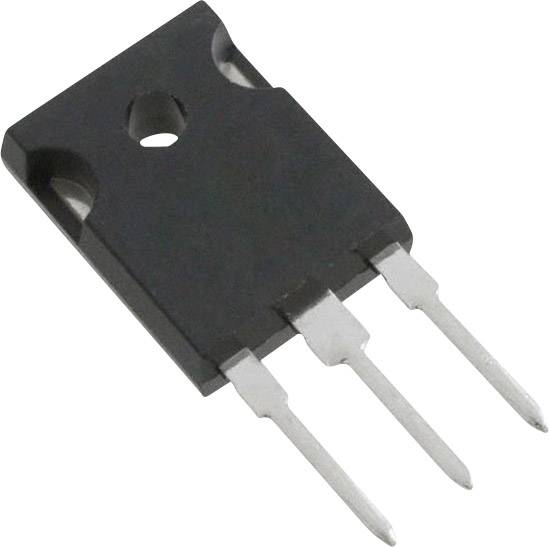 A black electronic component with three silver terminals, like a transistor or similar semiconductor device.