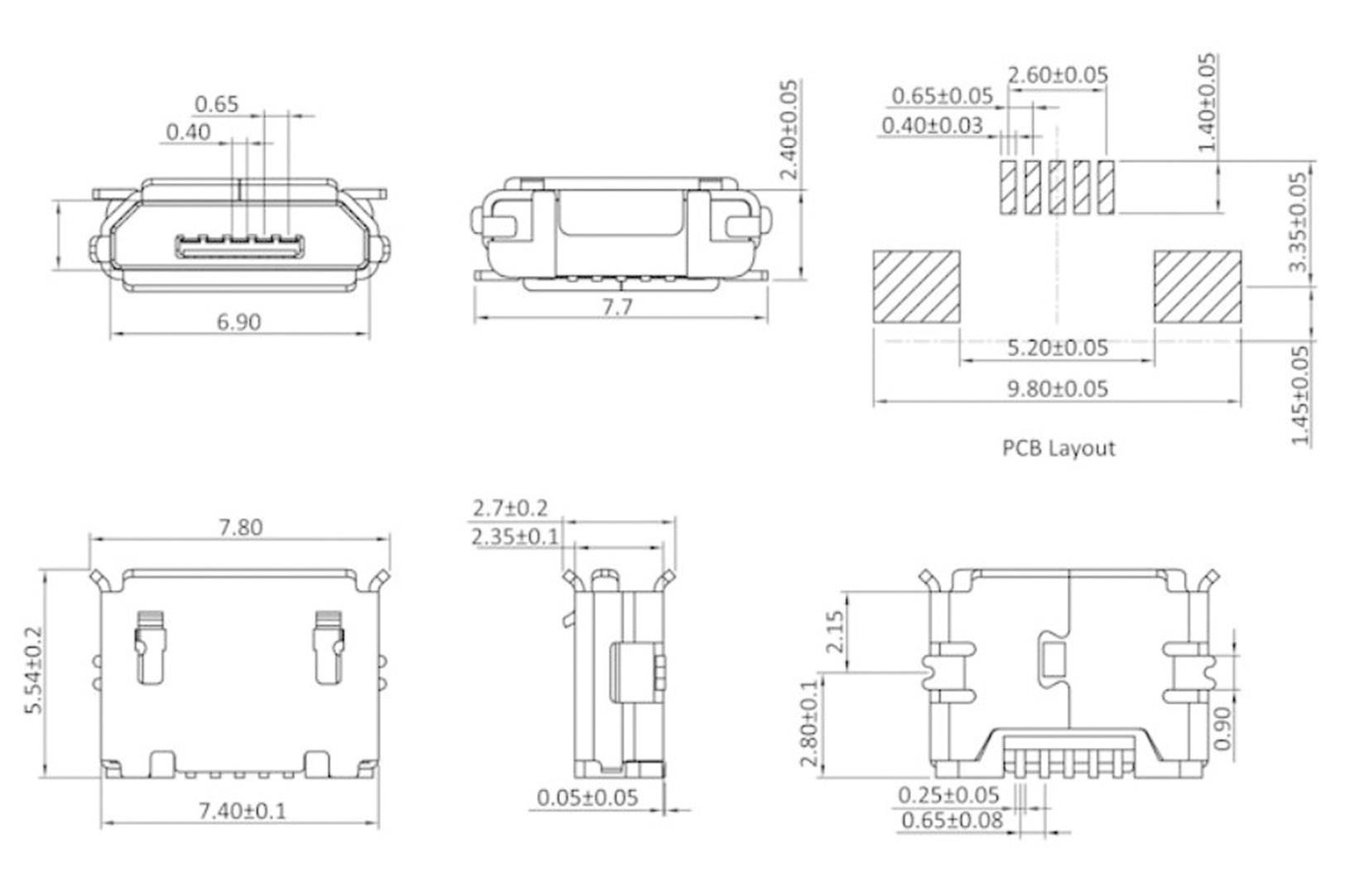 Technical drawing of a USB-C connector with dimensions and PCB layout. Shows front, side, and top views with detailed measurements.