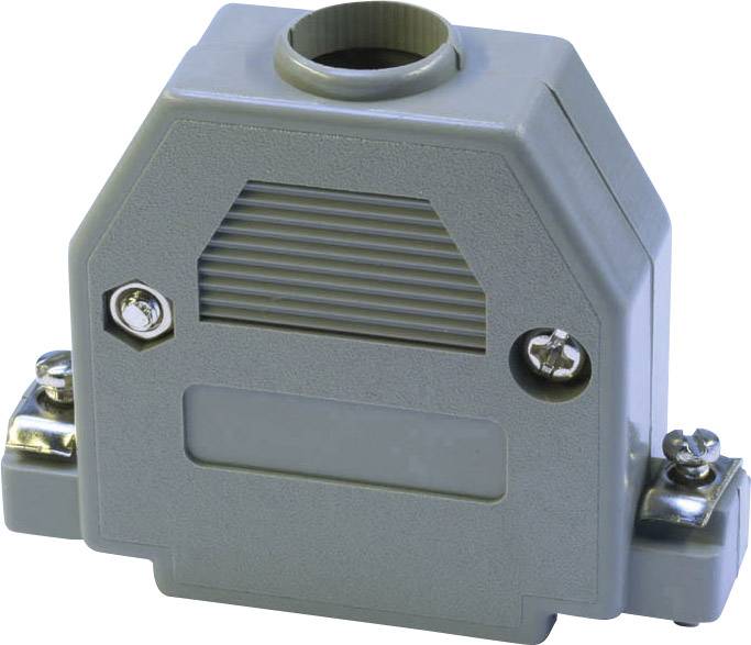 A grey enclosure for industrial connectors with side screw fasteners and an upper cable connection.