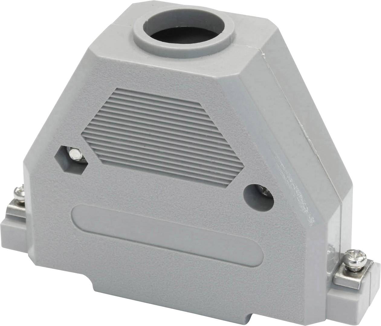 Grey Harting connector housing with a central opening at the top, two side screws, and a ribbed surface.