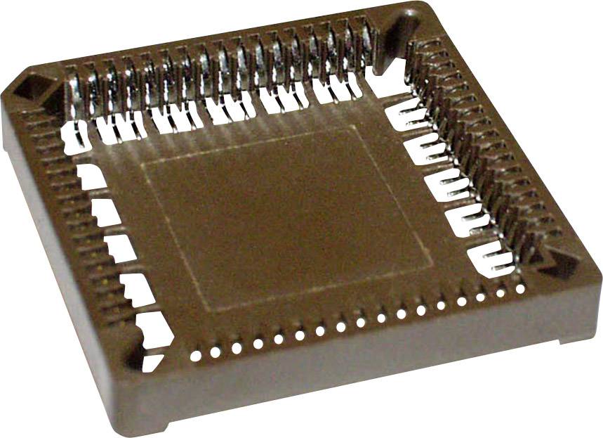 A brown micro-sized IC chip socket with numerous metal contacts along the edges, for mounting electronic components.