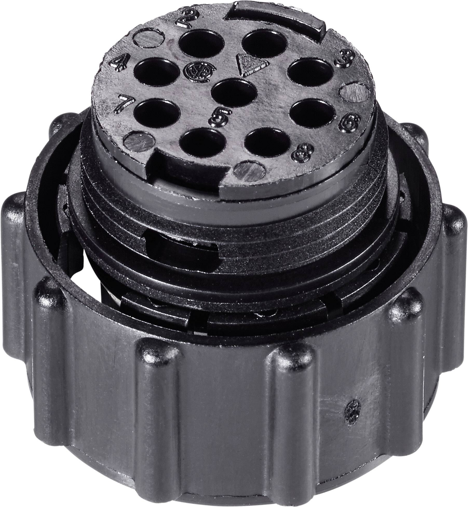 Black round plug with multiple holes and numbered connections, suitable for electrical connections.