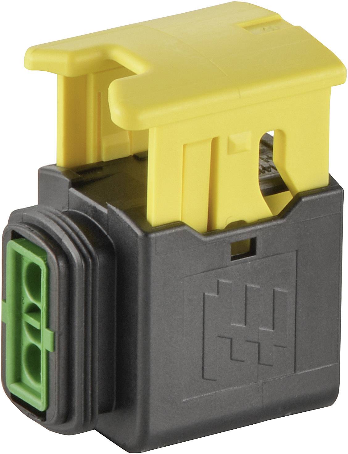 A yellow and black electrical connector with a green insert, used for vehicle connections.