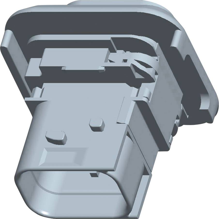 An abstract, grey 3D model of a rectangular electronic connector, displaying technical details and structures.