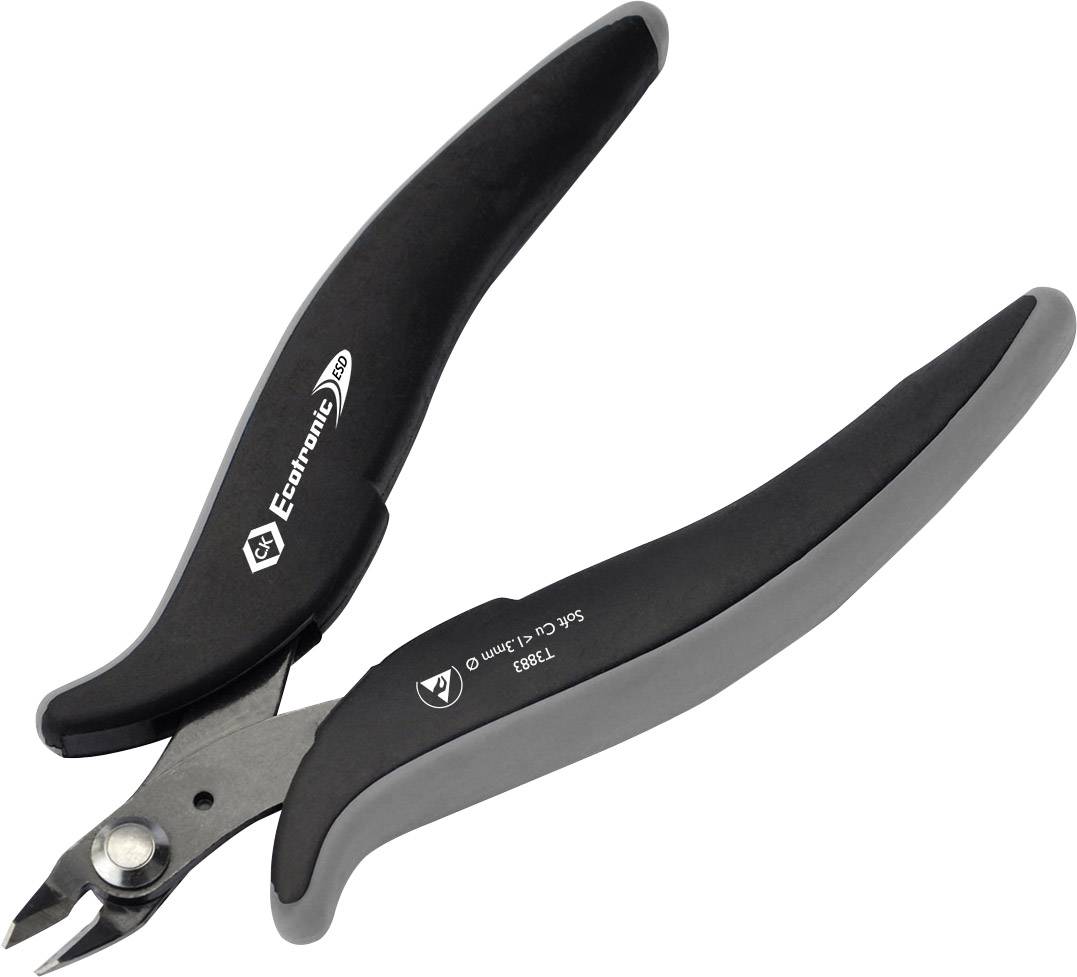 The image shows a black side cutter with ergonomic handles. Suitable for precisely cutting small wires and cables.