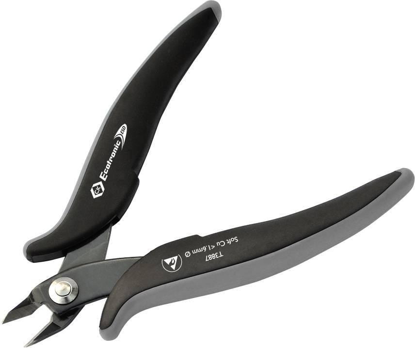 Side cutters with a black handle and sharp blade, suitable for cutting wires and fine electronic components.