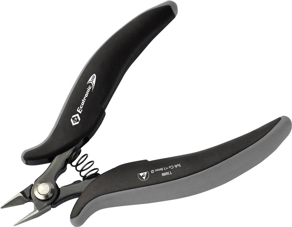A black electronic side cutter with rounded handles and a sharp cutting edge, suitable for precise cutting in electronics.