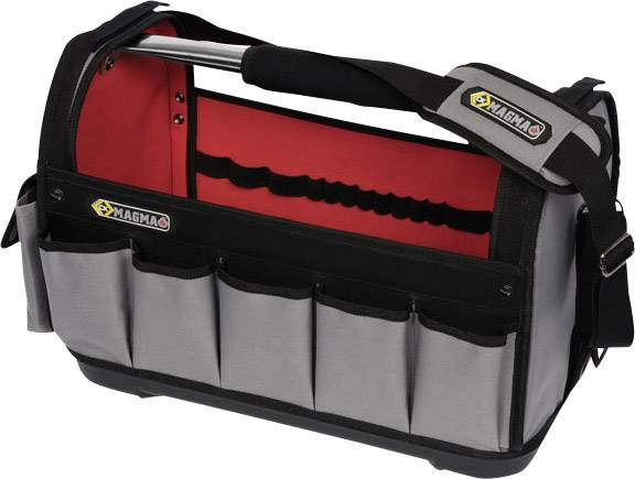 Tool bag with multiple compartments. Exterior grey, interior red. With carry handle and shoulder strap.