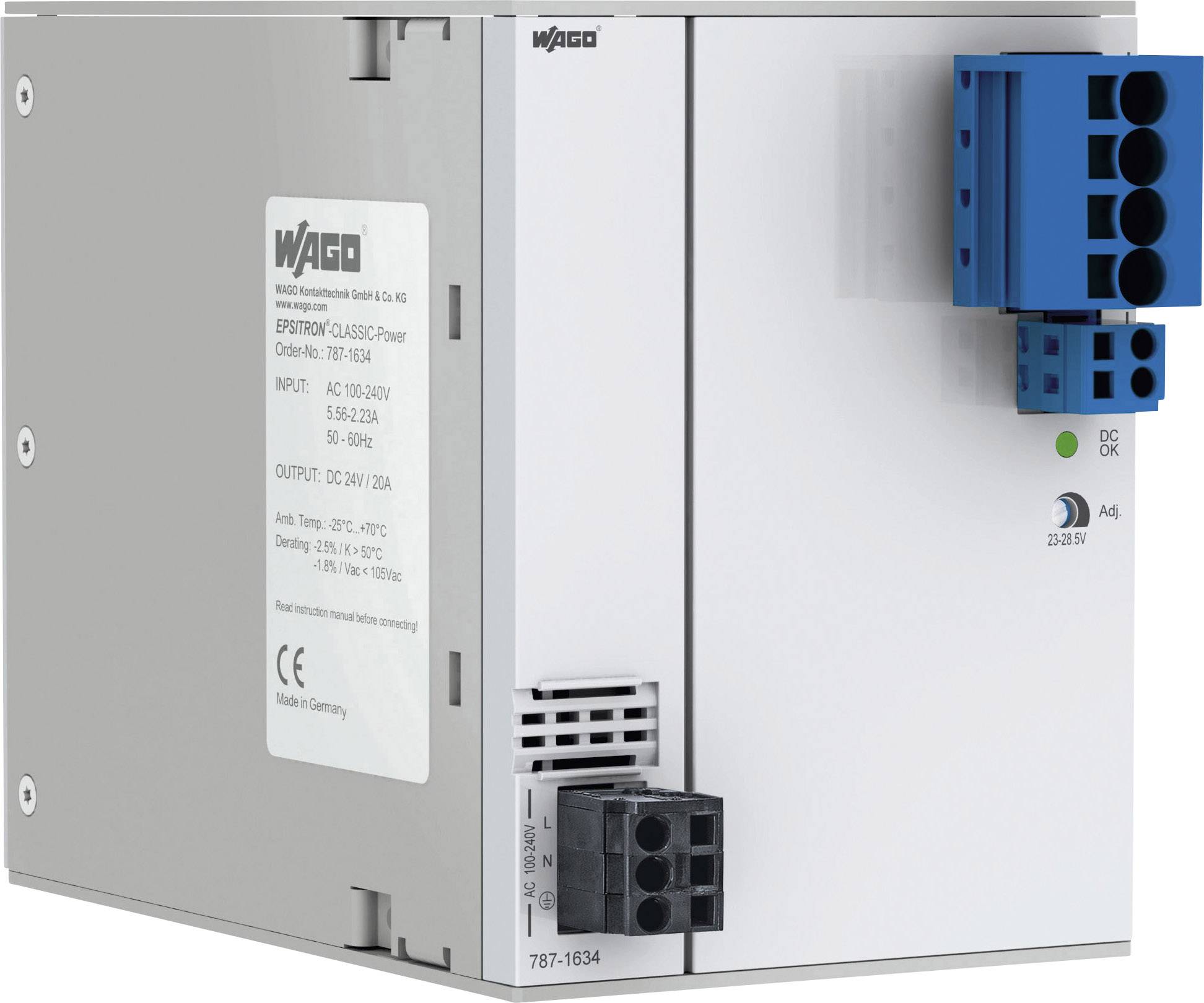 WAGO 787-1634 Rail mounted PSU (DIN) 24 V DC 20 A 570 W No. of outputs:1 x Content 1 pc(s)