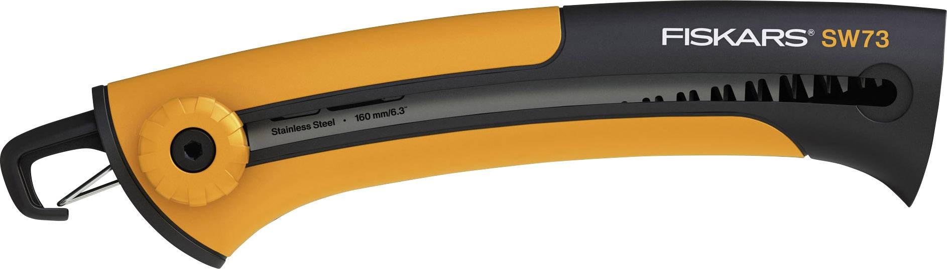 Fiskars handsaw, Model SW73, with orange and black handle and blade protective cover. Suitable for precise cuts.