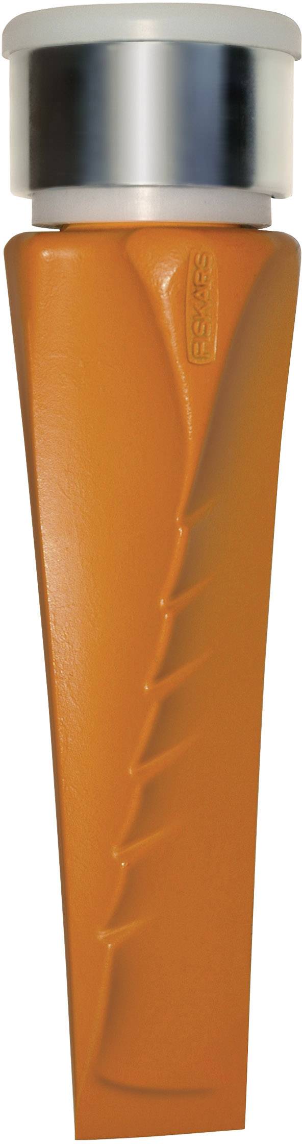 Orange glass bottle with a silver cap, vertical ridges on the side.