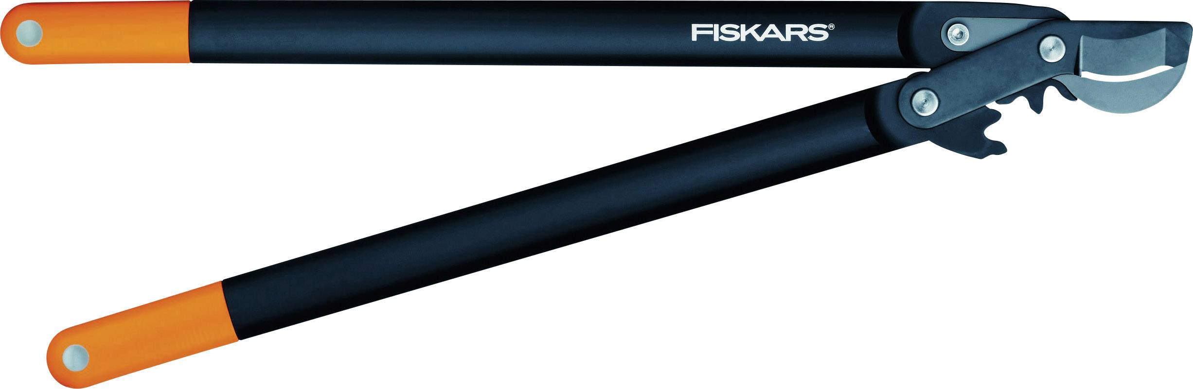 Fiskars pruning shears with black handles and orange tips. They are used for cutting branches.