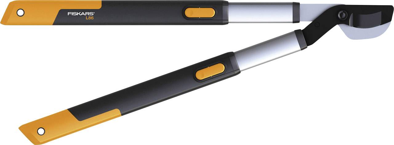 Garden secateurs with a yellow and black handle and silver blade, ergonomically shaped, for cutting branches and twigs.