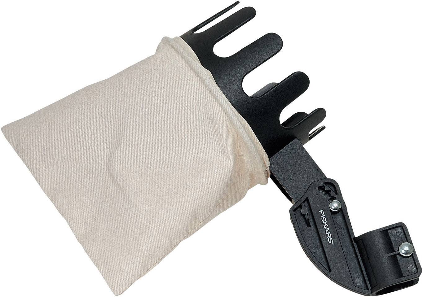 Tool for fruit harvesting with a black plastic attachment and beige collection bag. Ideal for picking fruits in hard-to-reach places.
