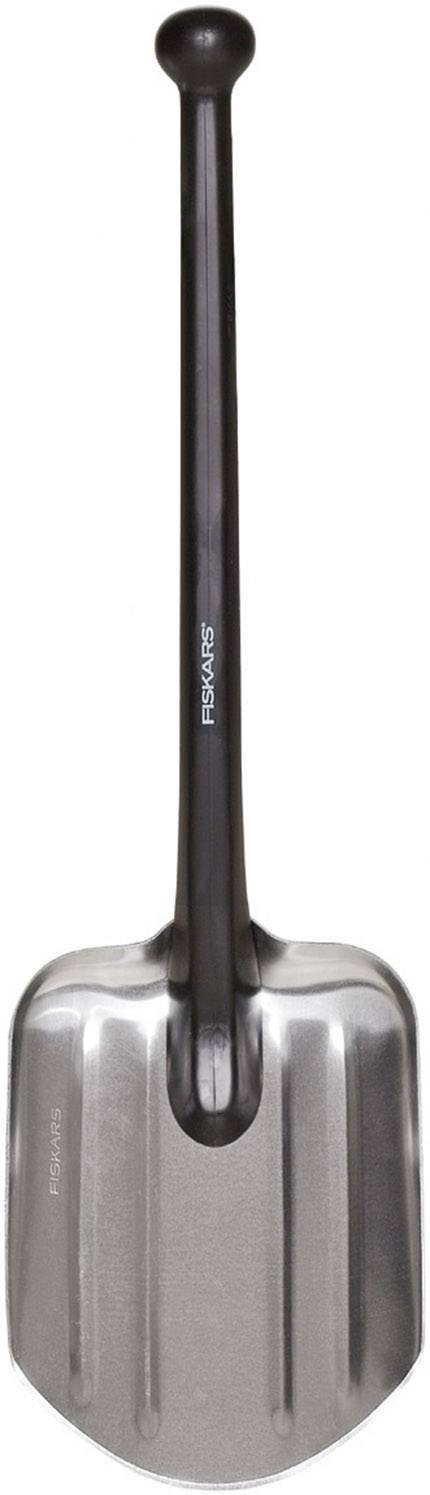A grey, metallic shovel with a black handle, standing upright.