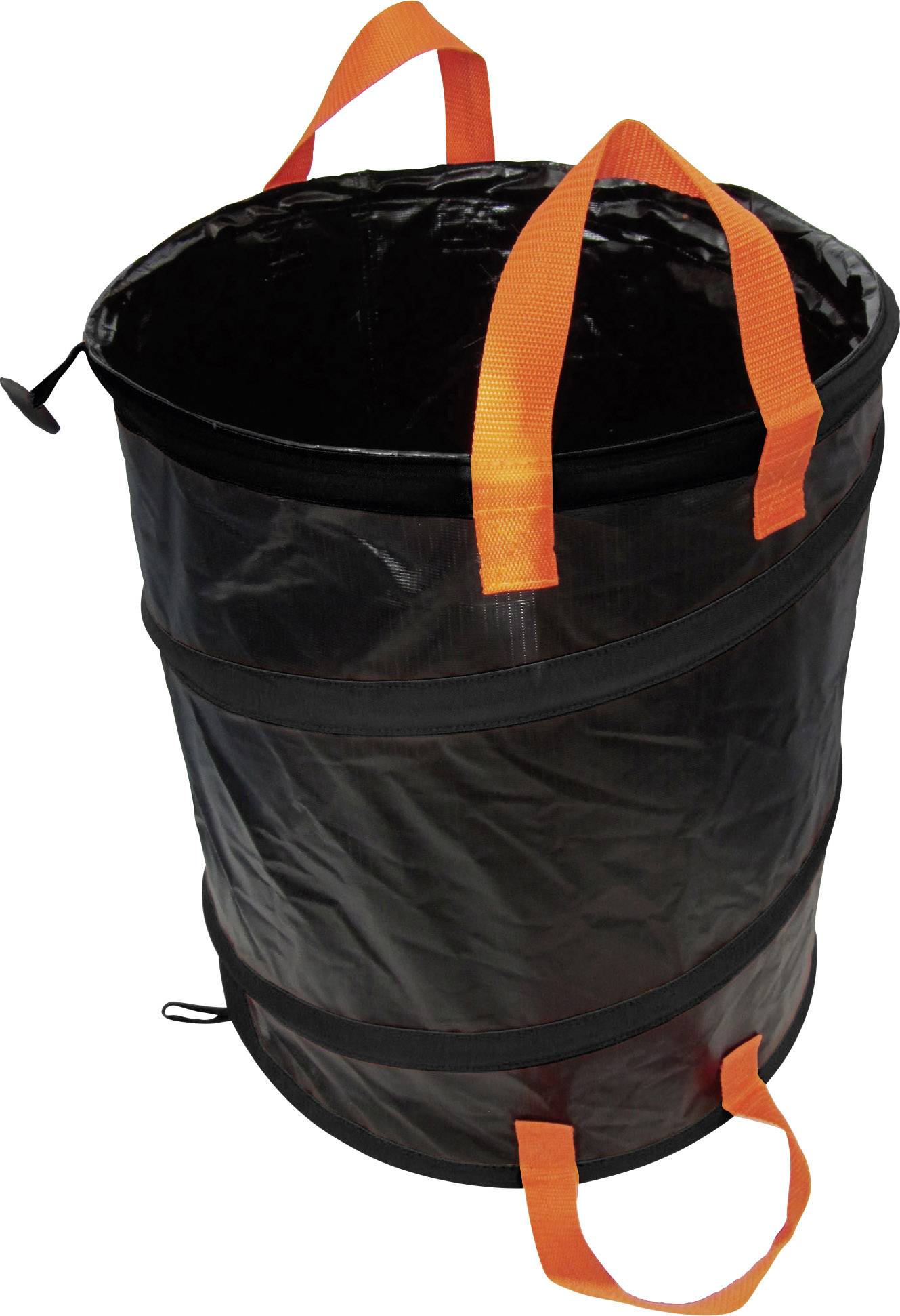 A black, pop-up garden waste bin with orange handles. Suitable for collecting leaves and garden waste.