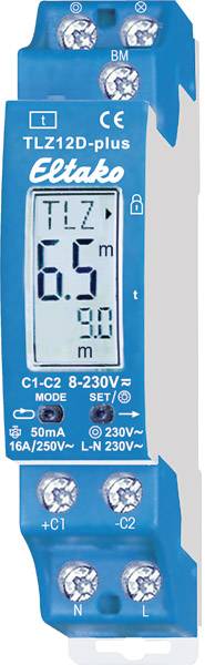 Blue Eltako TLZ12D-Plus Staircase Light Timer with digital display, showing 6.5 minutes runtime and mode options.