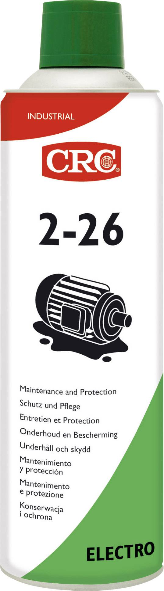 Spray can with the inscription 'CRC 2-26'. Industrial product for maintenance and protection. Contains symbol of an electric motor.