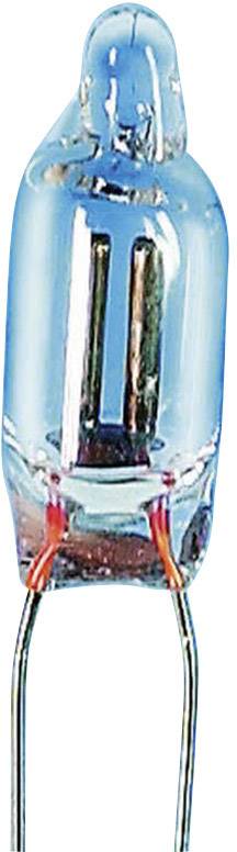 A small light bulb with two wires, a clear glass casing and a tungsten filament inside, illustrates details of an electrical component.
