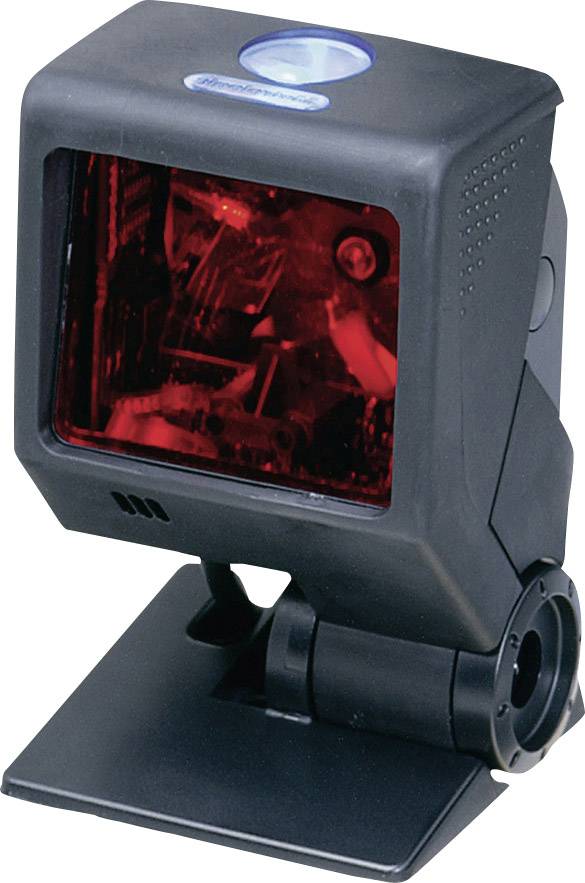 A black barcode scanner with a red reading light, mounted on an adjustable stand, for scanning barcodes in shops.