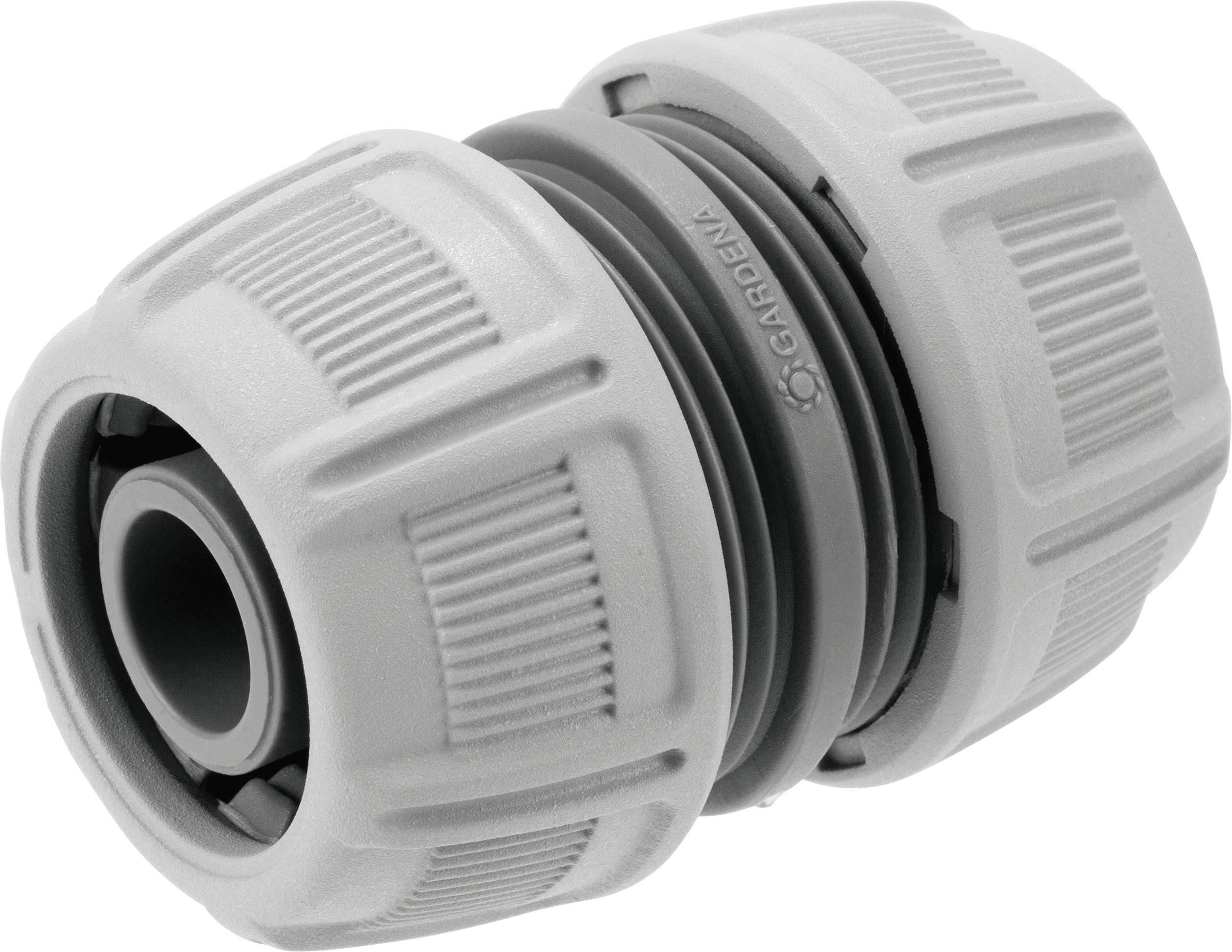 Grey garden hose connector made of plastic with ridged edges and sealing rings, designed for the secure connection of hoses.