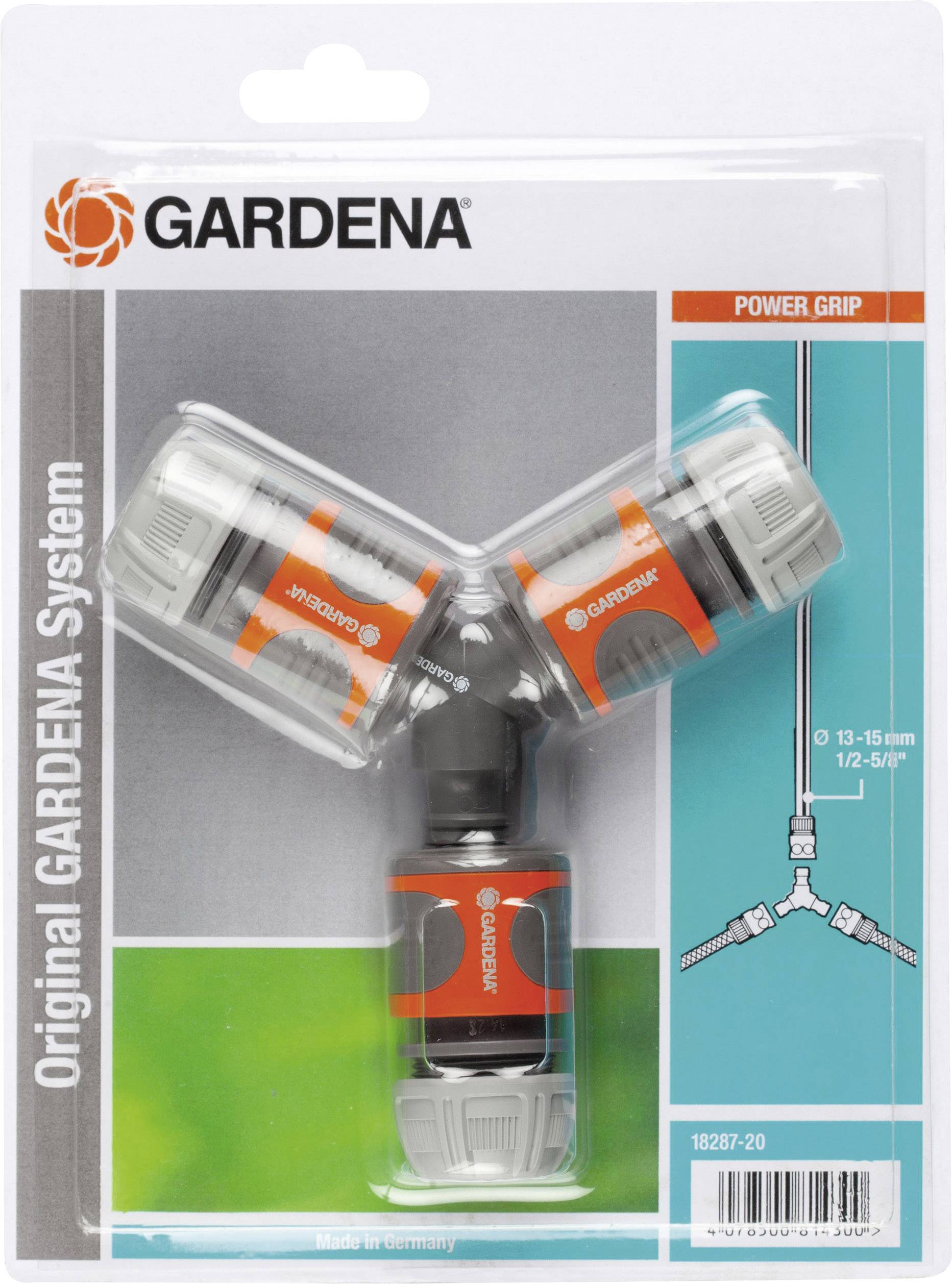 Packaging for a three-piece garden hose connector set by Gardena, comprising a Y-splitter. Suitable for hoses 13-15 mm.