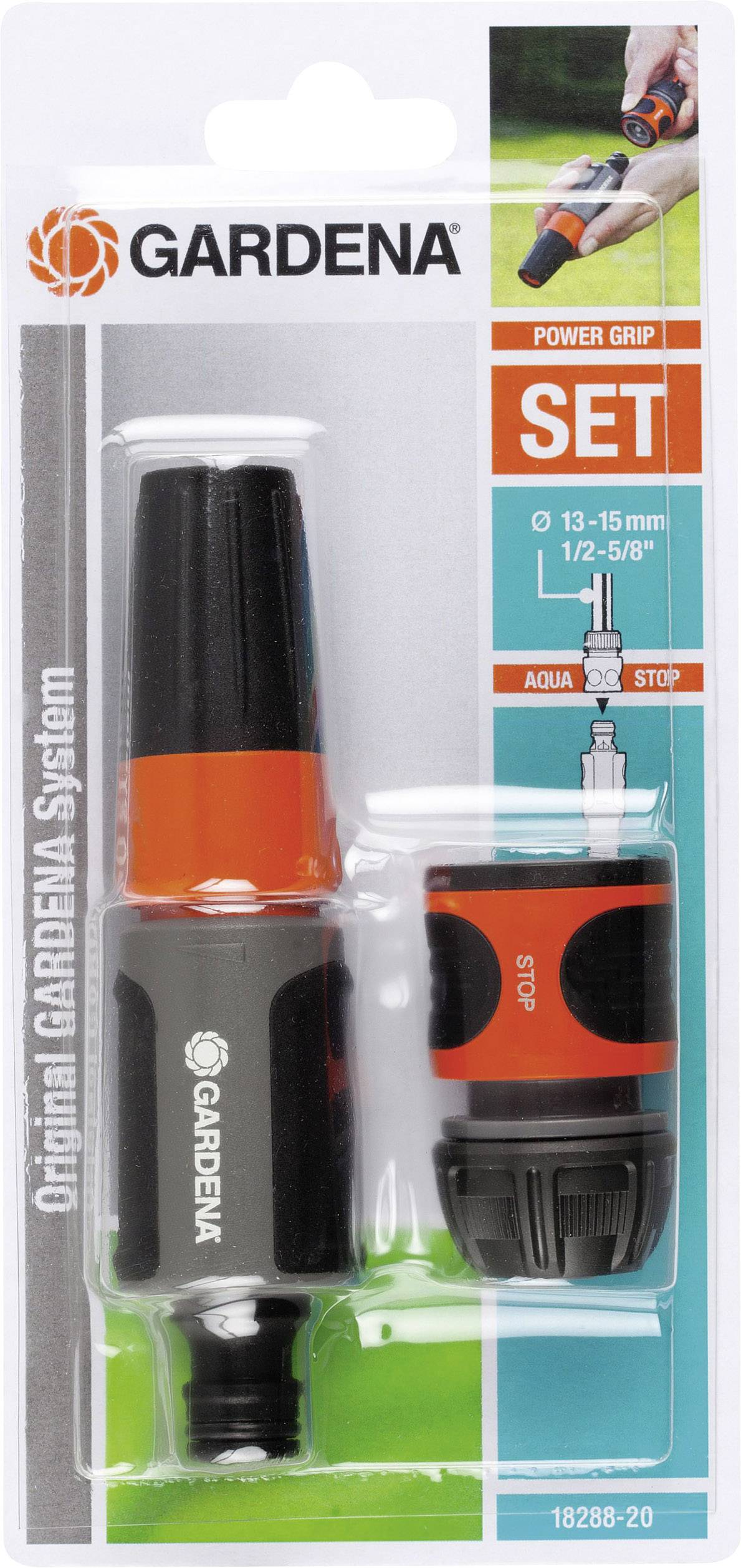 GARDENA watering set consisting of hose connector and fitting, ideal for quickly connecting garden hoses. Packaging shows product application.