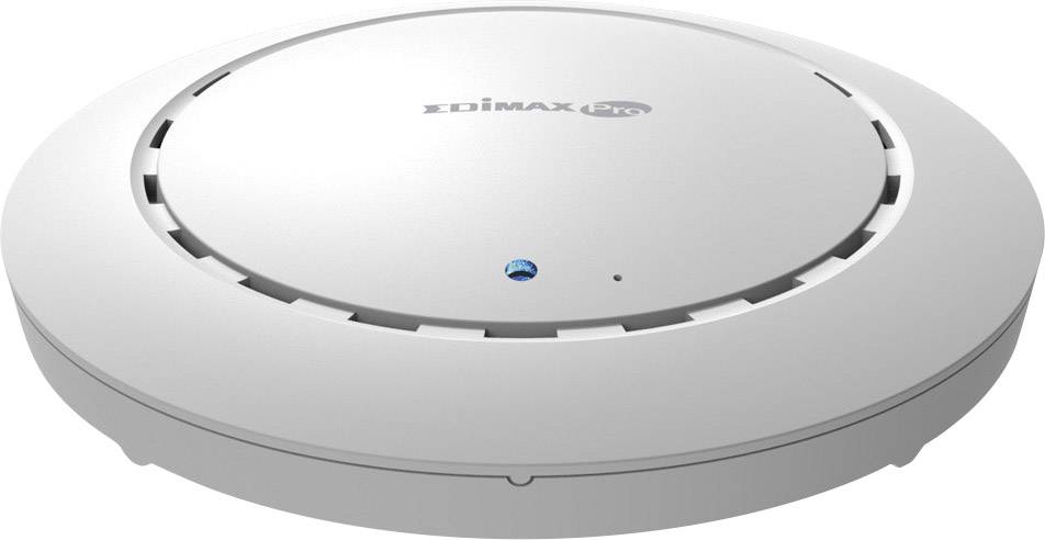 A round, white Edimax Wi-Fi router.