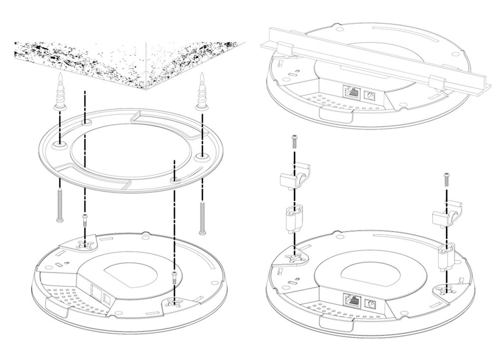 Exploded diagram of a circular base with screws and fixings. Shows steps for assembling a corner piece with detailed view of the process.