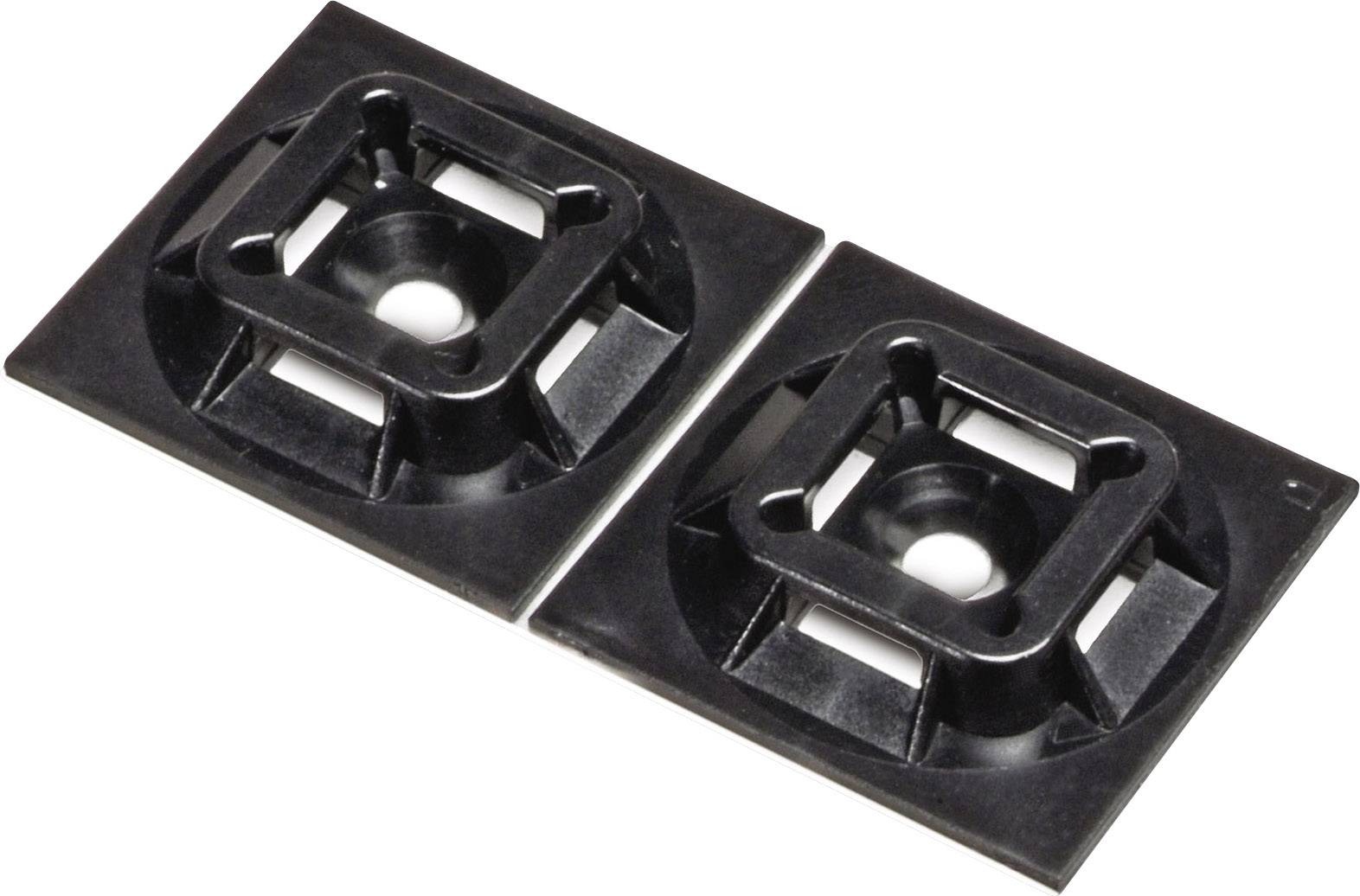 Two black plastic cable tie mounts, rectangular with round openings in the centre, lying side by side.