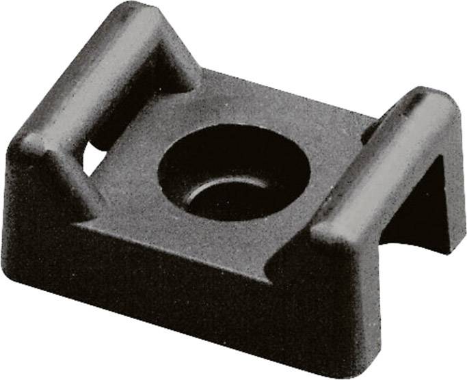 A black plastic cable clip in a square shape with raised edges and a central hole for mounting on surfaces.