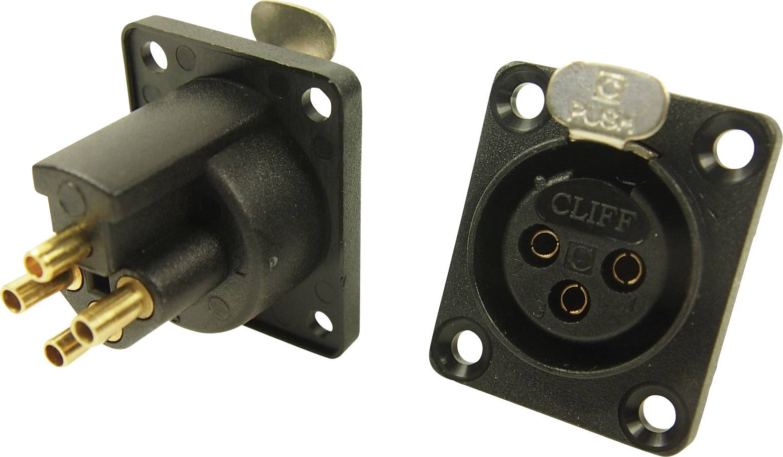Two black XLR connectors, one with protruding pins and one with matching sockets, for audio or lighting equipment.