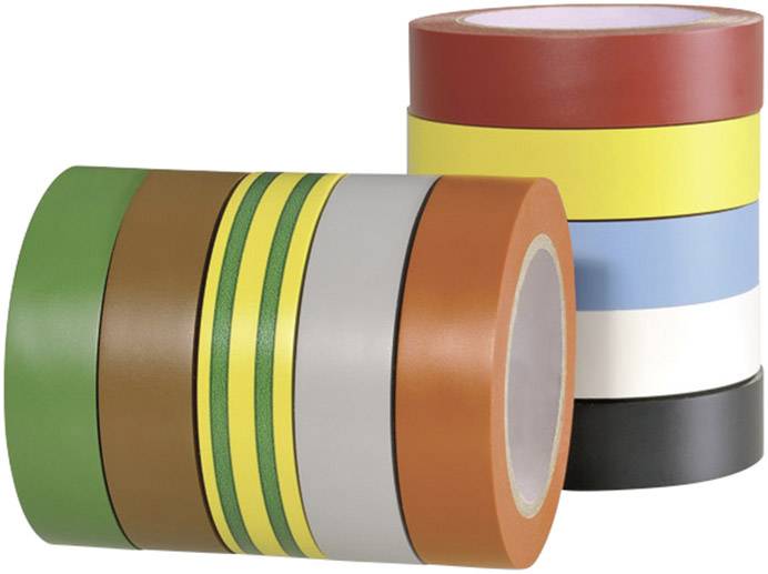 Several colourful insulating tape rolls in various colour tones, stacked in two columns, on a white background.